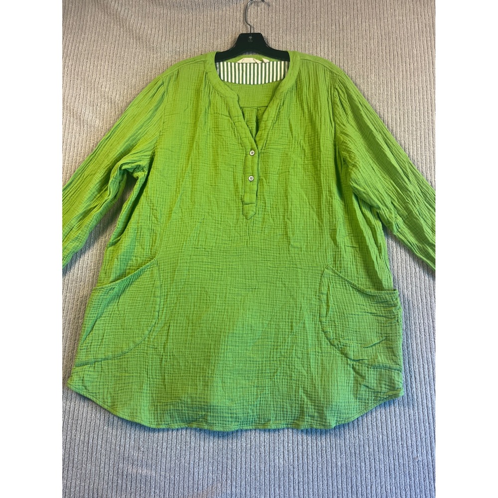 Soft Surroundings Top 2X Lime Green Double Gauze Cotton Tunic Pockets Bright